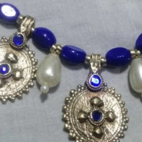 Pearls and Beads Jewelry Set, Handmade Coins Jewelry Set With Glass Stones, - Picture 4 of 9